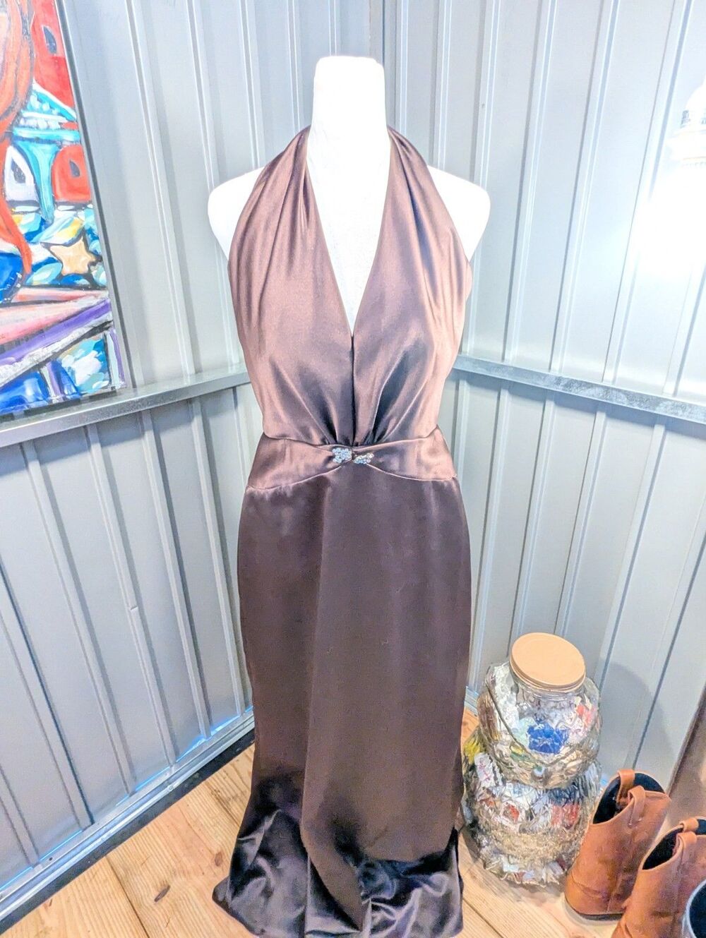 VTG Jim Hjelm Occasions Brown Satin Halter Evening Gown Dress Sz 10 Style...